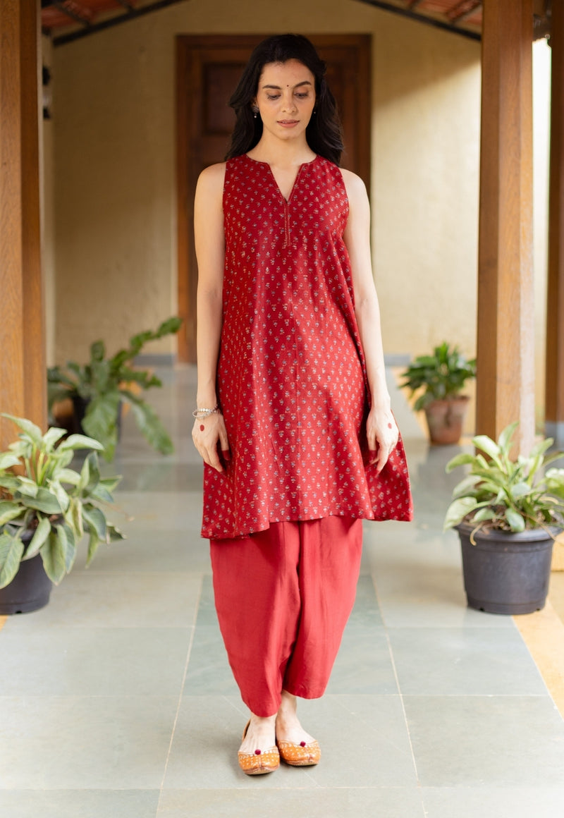 Nida Madder Ajrakh Chanderi Silk A Line Kurta with Hand Embroidery