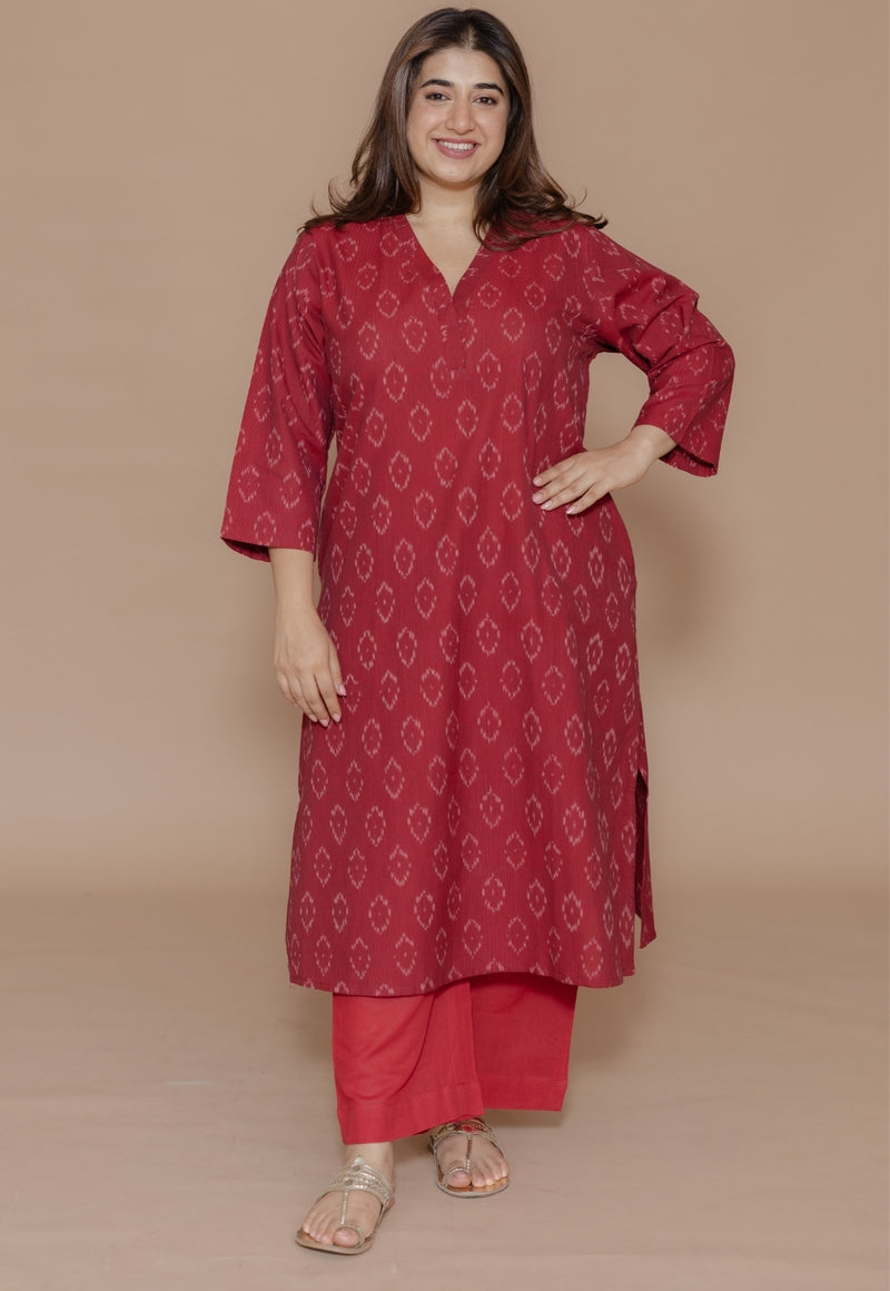 Avika Red Handloom Ikkat Cotton Straight Kurta