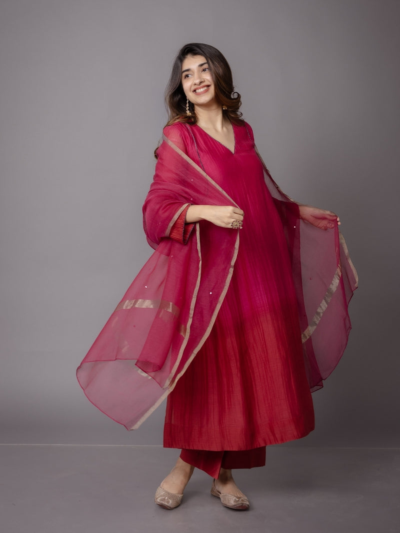 Pink Solid Zari Silk Net Dupatta with Hand Embroidery