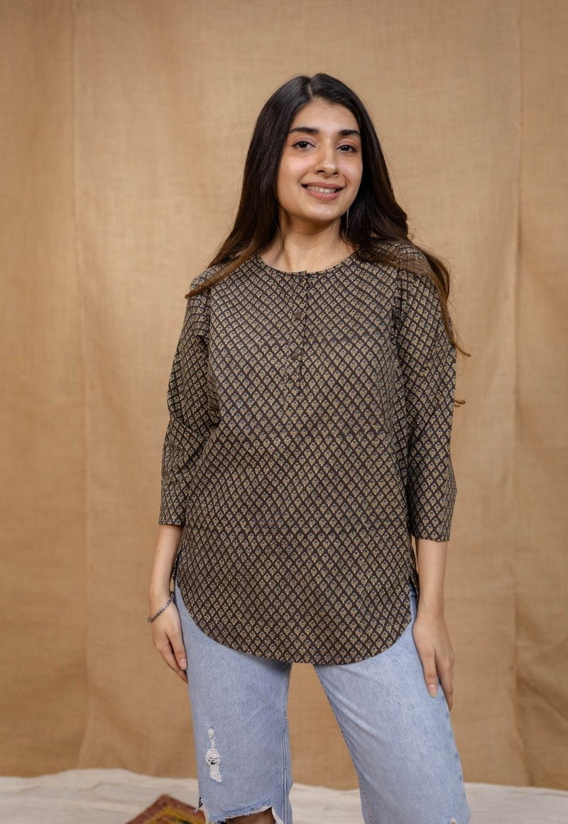 Maha Dark Brown Ajrakh Cotton Straight Short Top