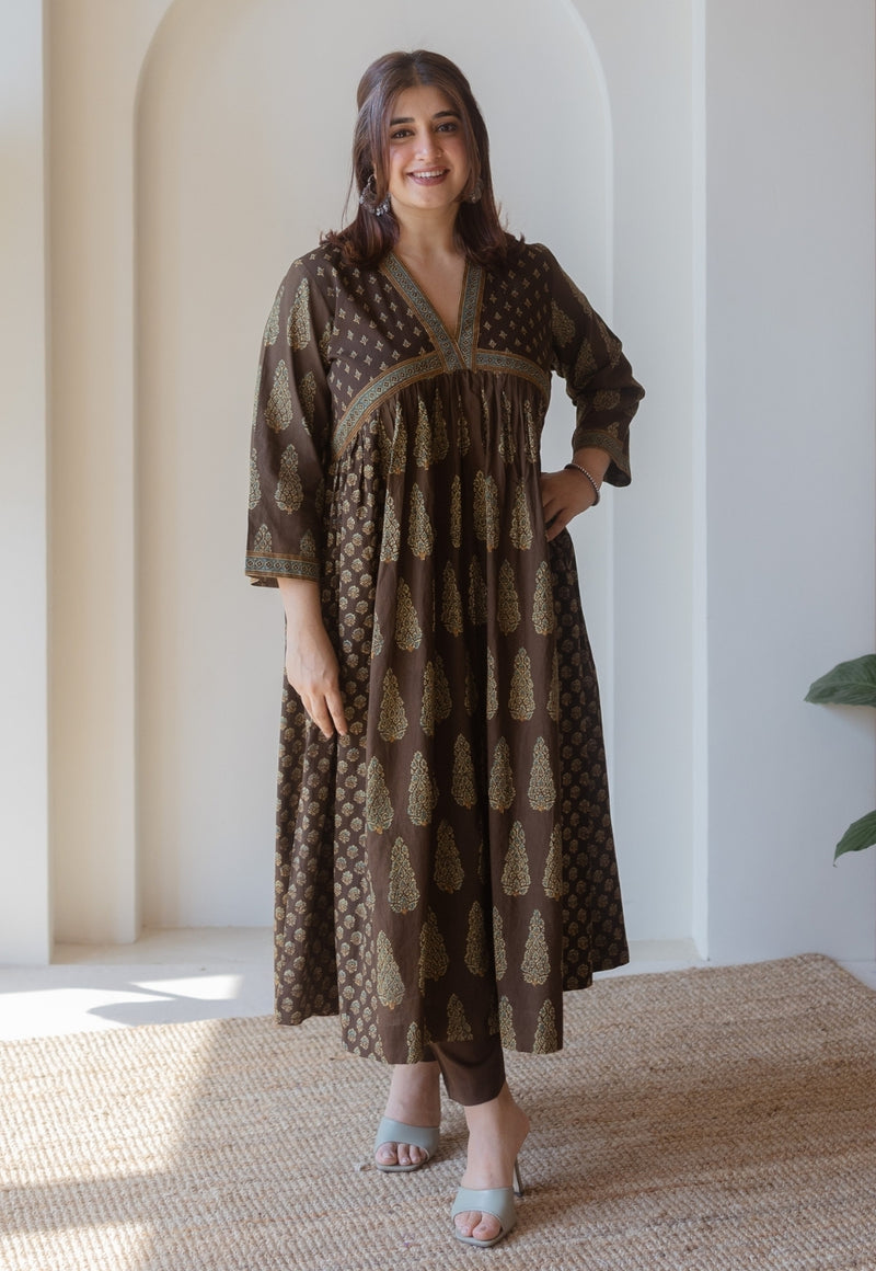 Maheen Brown Ajrakh Cotton A Line Kurta