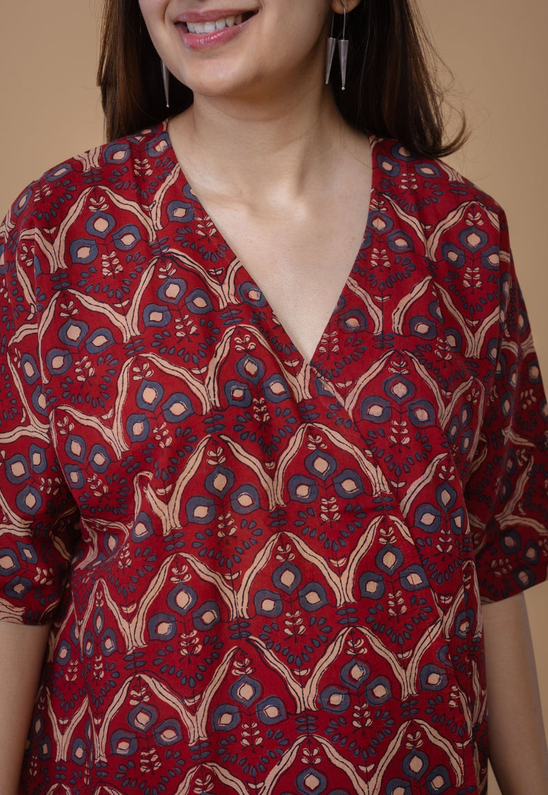 Anshika Red Ajrakh Cotton Anti-Fit Short Top