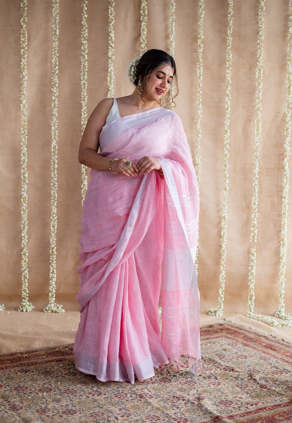 Pink Linen Silver Zari Border Saree with Mukaish Detailing