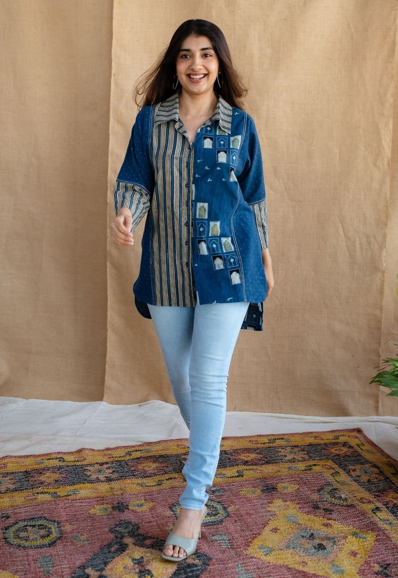 Jaipur Jharoka Indigo Ajrakh Cotton Loose Shirt with Hand Embroidery