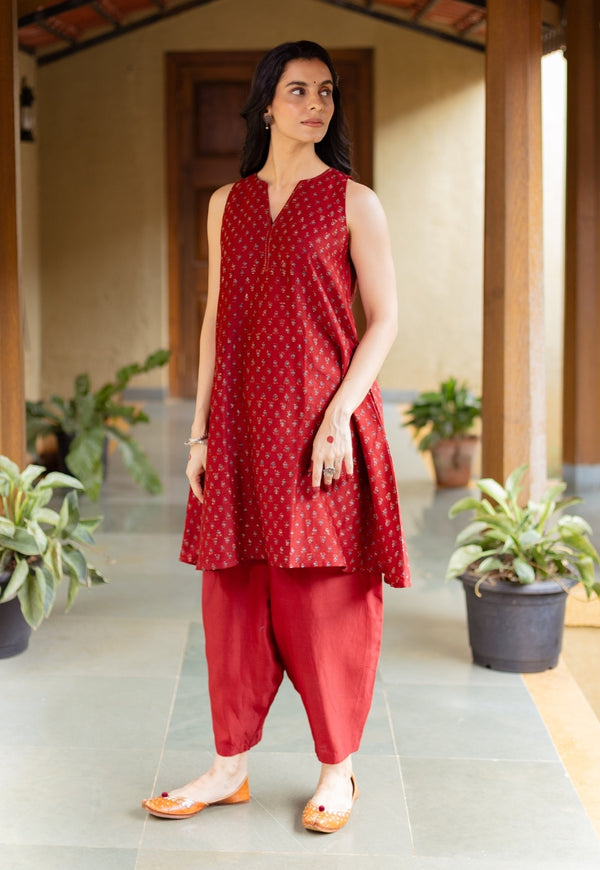 Nida Madder Ajrakh Chanderi Silk A Line Kurta with Hand Embroidery