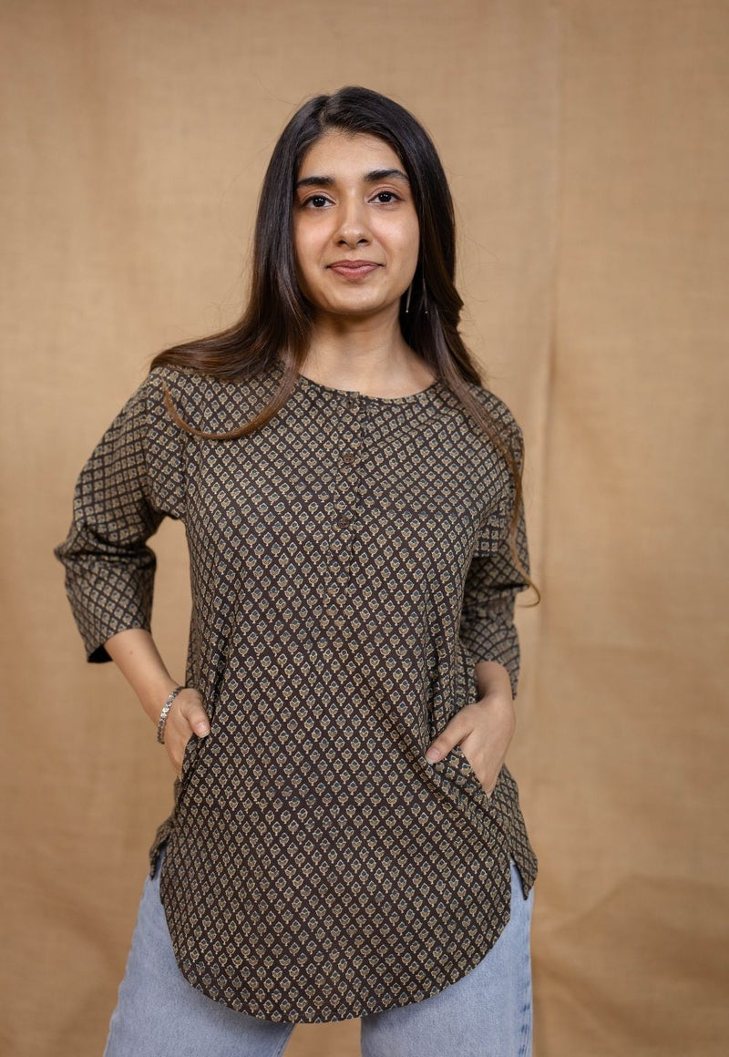 Maha Dark Brown Ajrakh Cotton Straight Short Top