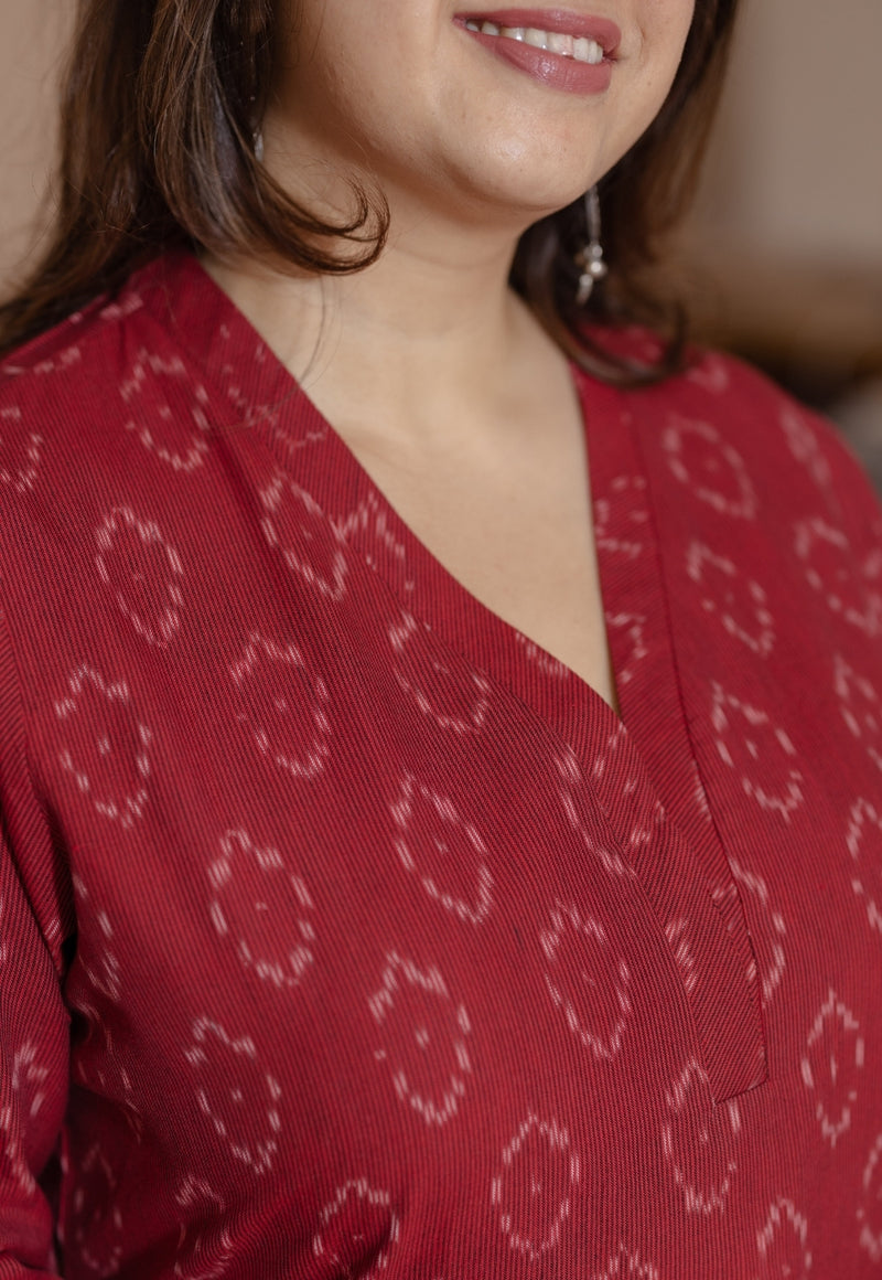 Avika Red Handloom Ikkat Cotton Straight Kurta