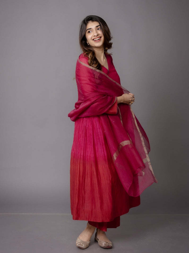 Pink Solid Zari Silk Net Dupatta with Hand Embroidery