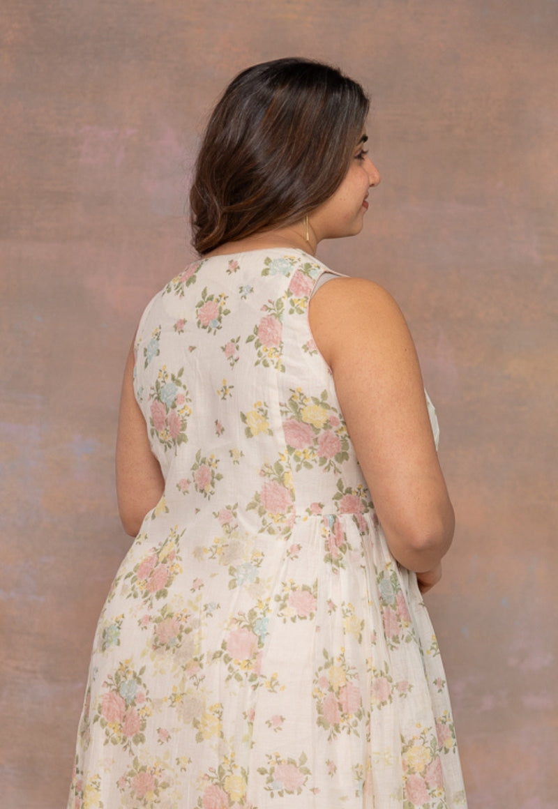 Rois White Sanganeri Chanderi Silk Kali Kurta