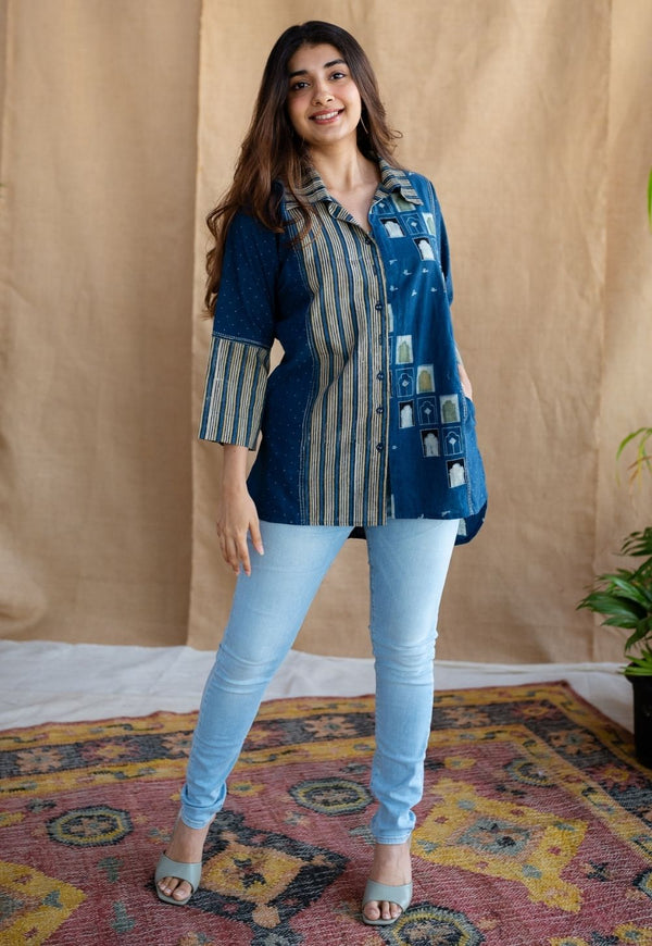 Jaipur Jharoka Indigo Ajrakh Cotton Loose Shirt with Hand Embroidery