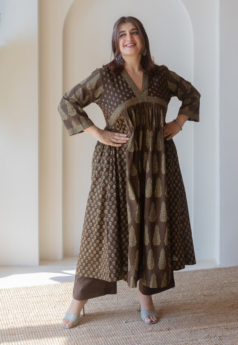 Maheen Brown Ajrakh Cotton A Line Kurta