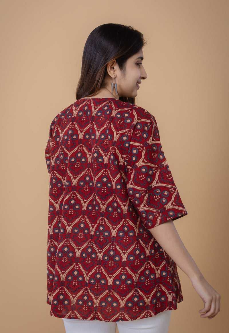 Anshika Red Ajrakh Cotton Anti-Fit Short Top