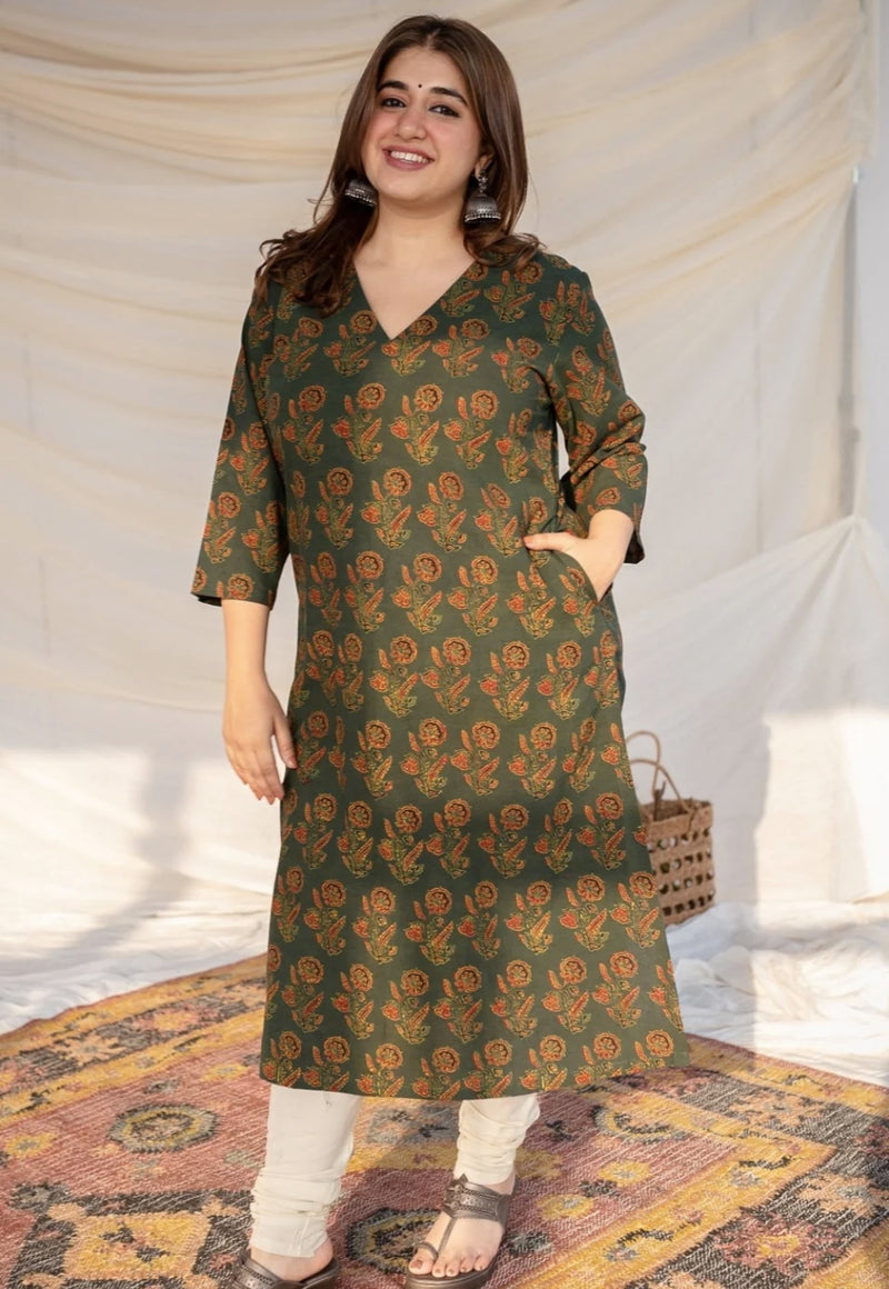 Wahida Green Ajrakh Natural Dyed Cotton Kurta