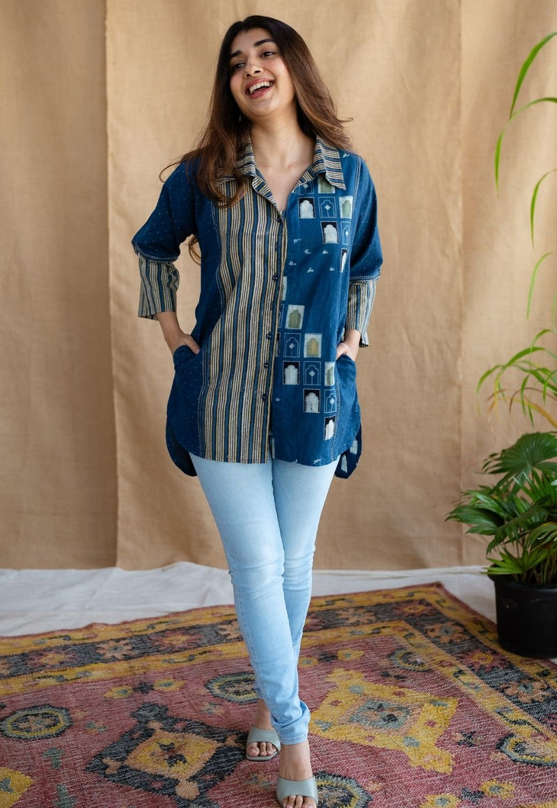 Jaipur Jharoka Indigo Ajrakh Cotton Loose Shirt with Hand Embroidery