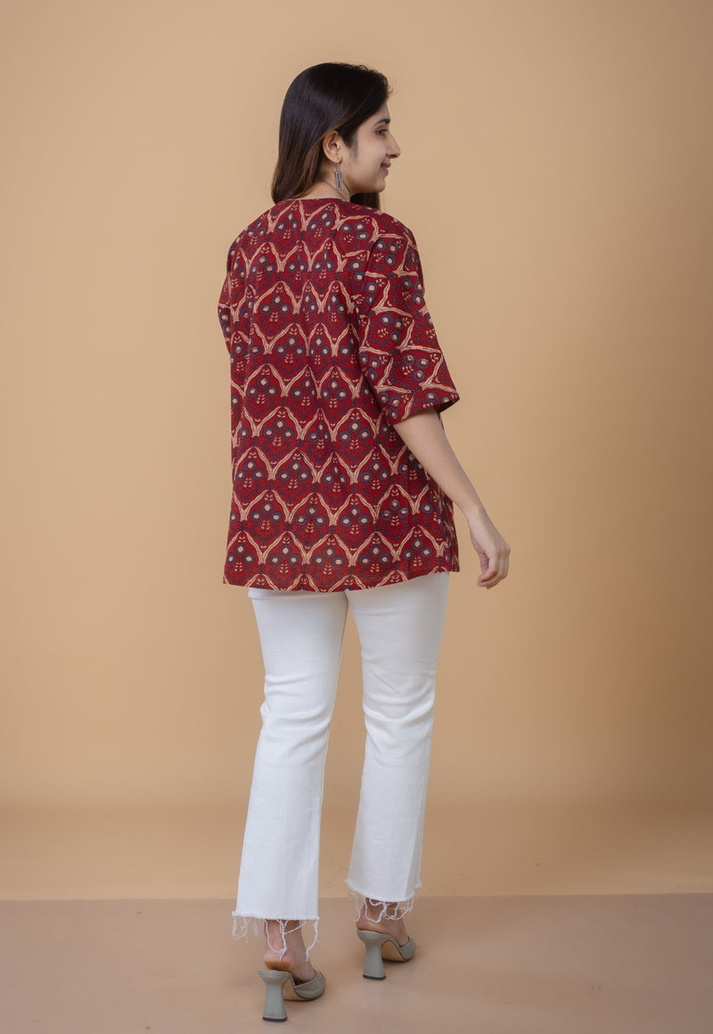 Anshika Red Ajrakh Cotton Anti-Fit Short Top