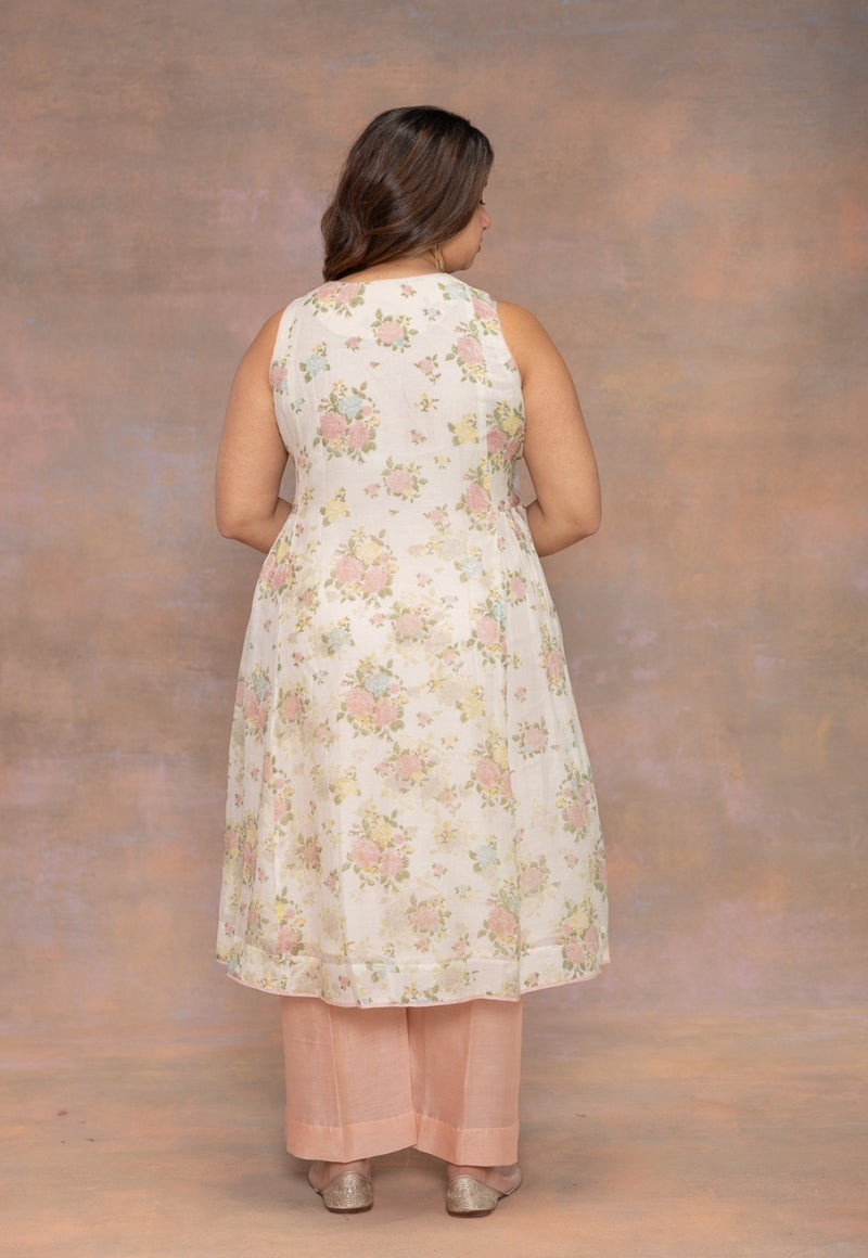 Rois White Sanganeri Chanderi Silk Kali Kurta