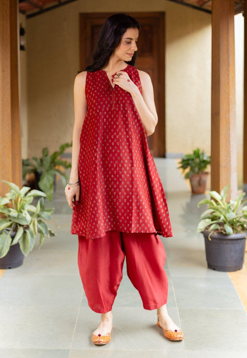 Nida Madder Ajrakh Chanderi Silk A Line Kurta with Hand Embroidery