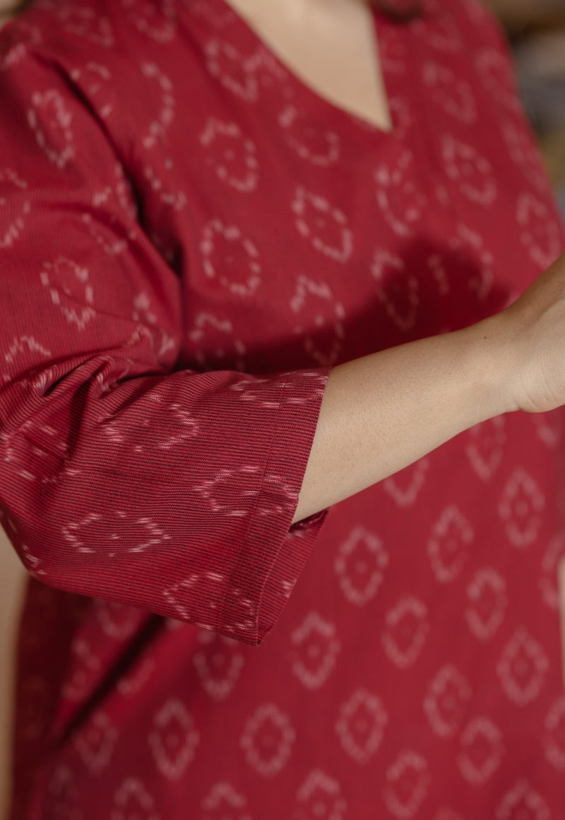 Avika Red Handloom Ikkat Cotton Straight Kurta