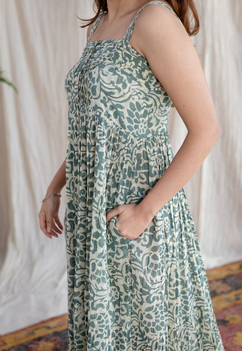 Ashvi Green Batik MulMul Cotton A Line Dress