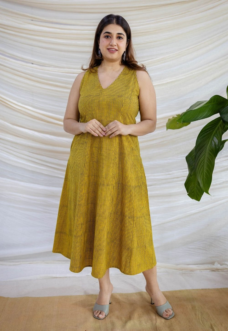 Veena Mustard Ajrakh Cotton A Line Dress