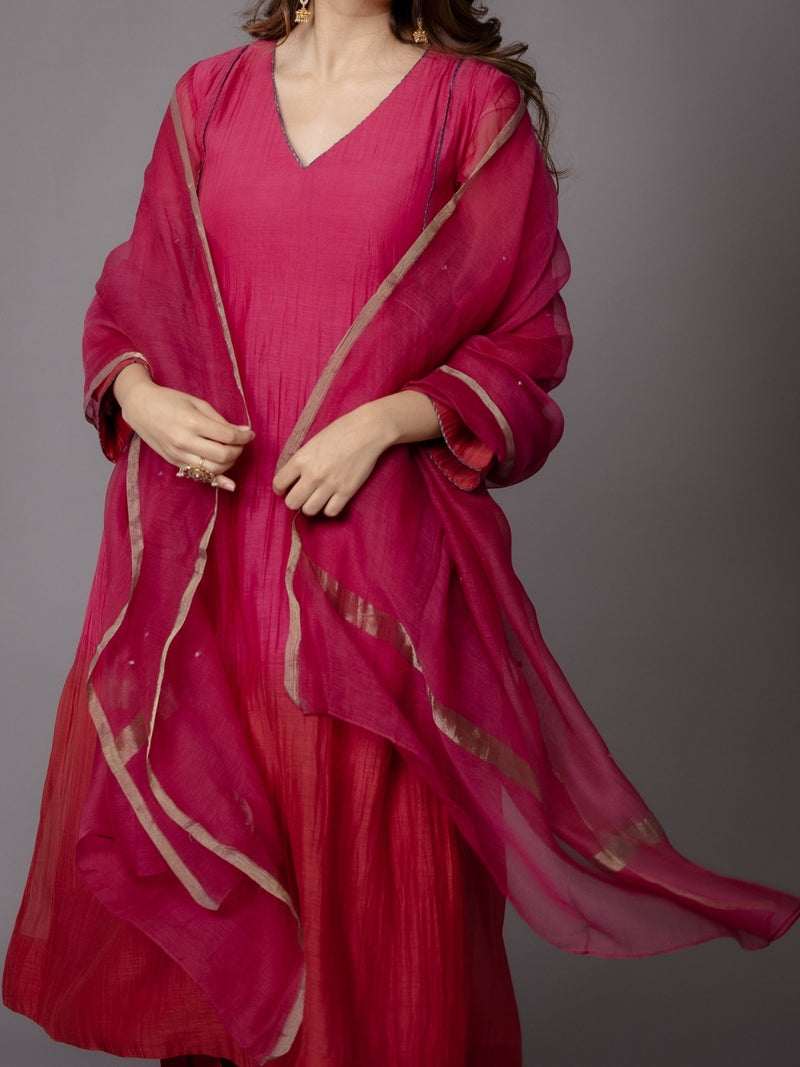 Pink Solid Zari Silk Net Dupatta with Hand Embroidery