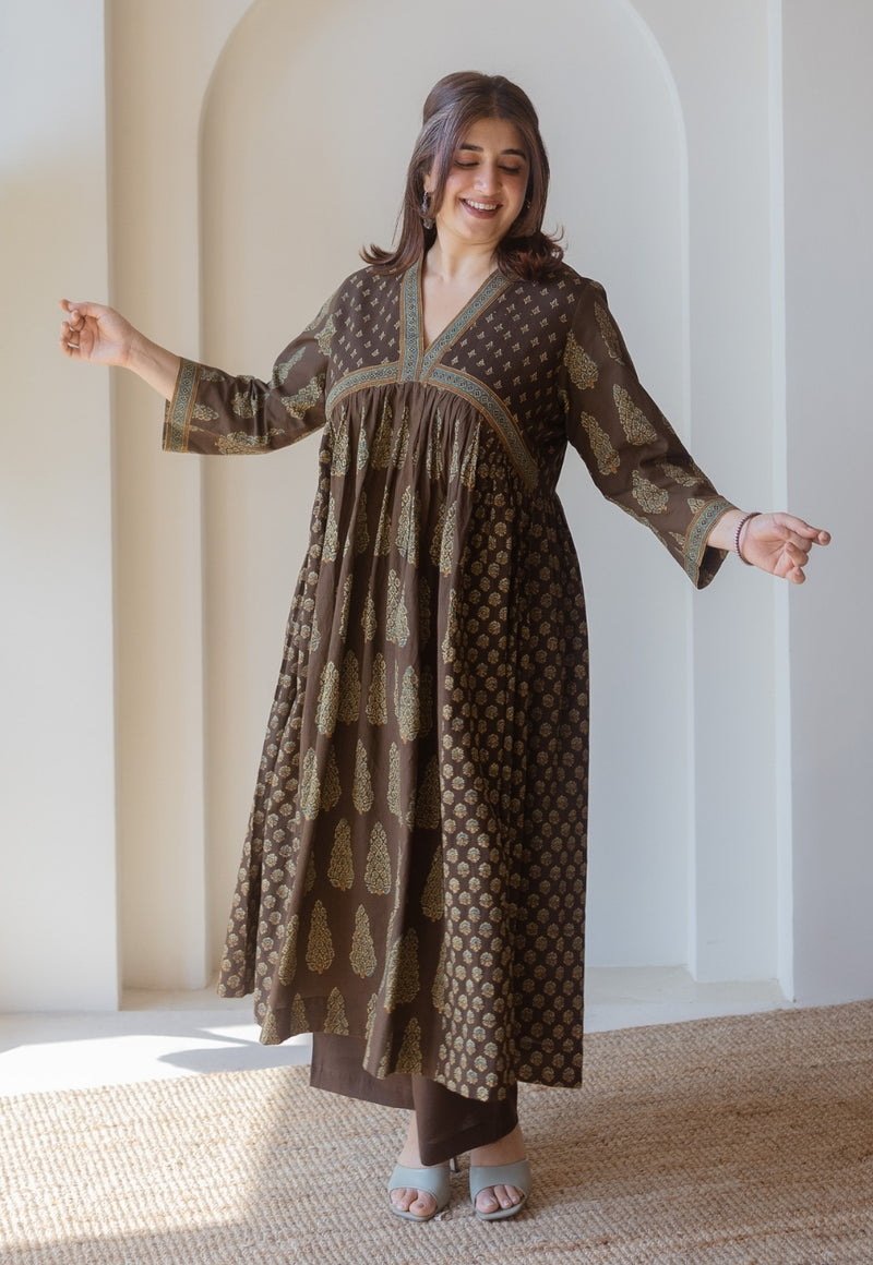 Maheen Brown Ajrakh Cotton A Line Kurta