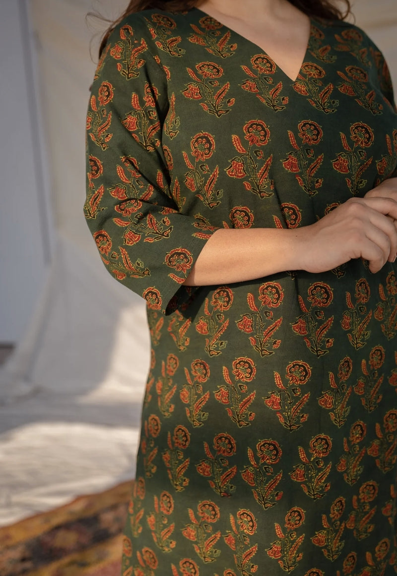 Wahida Green Ajrakh Natural Dyed Cotton Kurta