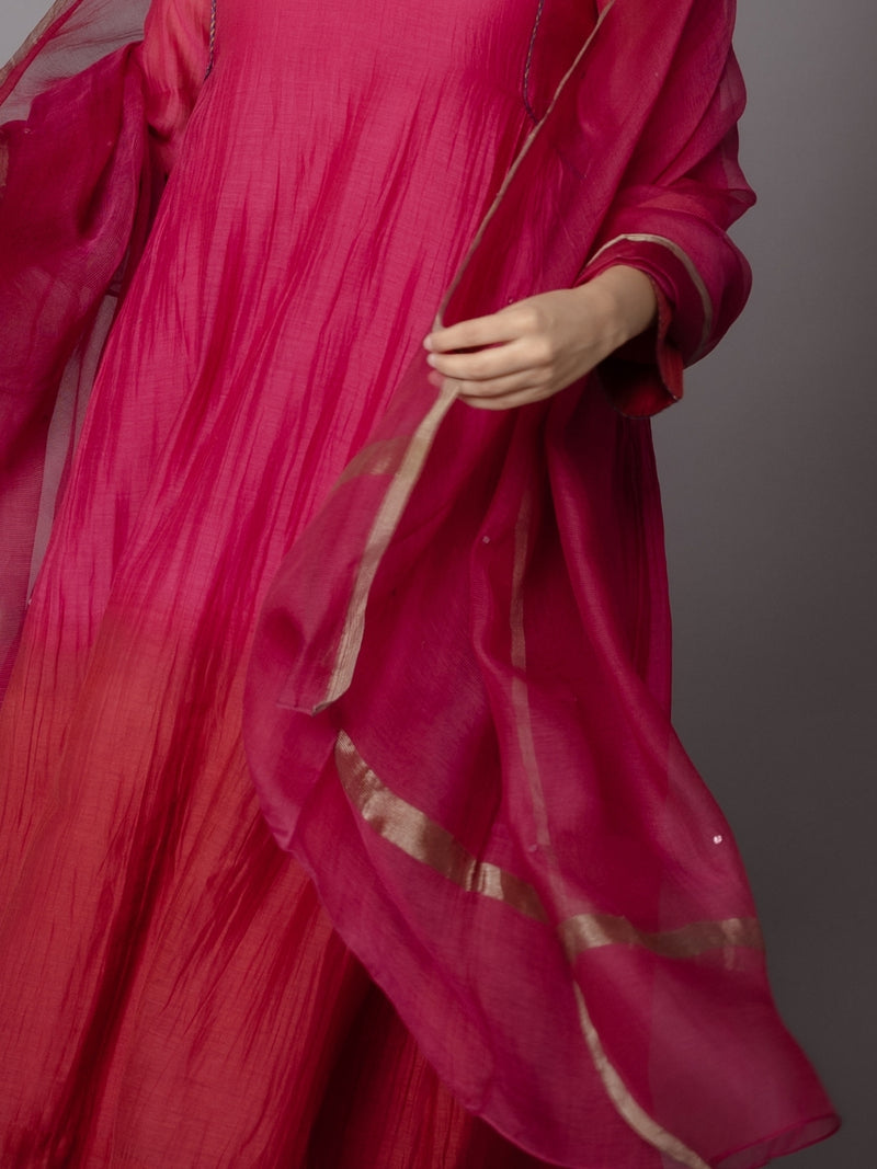 Pink Solid Zari Silk Net Dupatta with Hand Embroidery