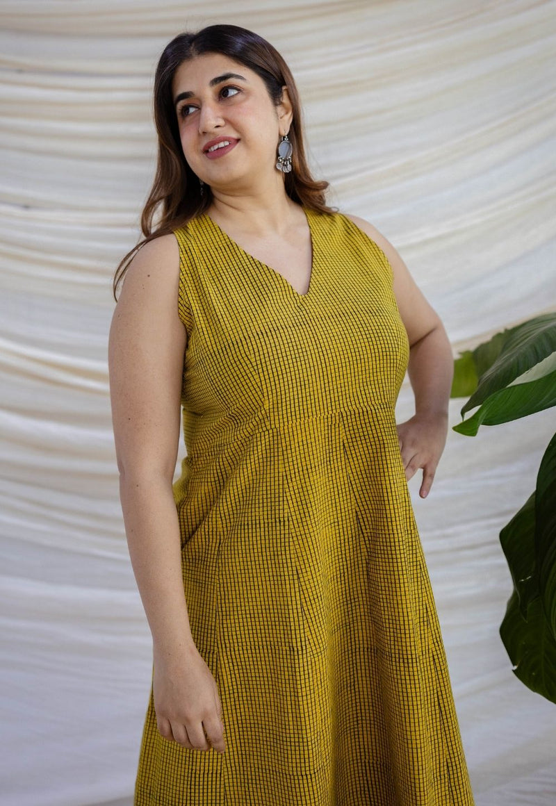 Veena Mustard Ajrakh Cotton A Line Dress