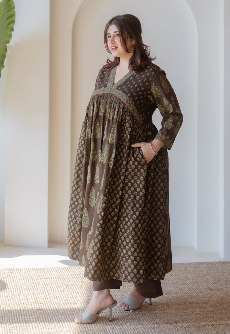 Maheen Brown Ajrakh Cotton A Line Kurta