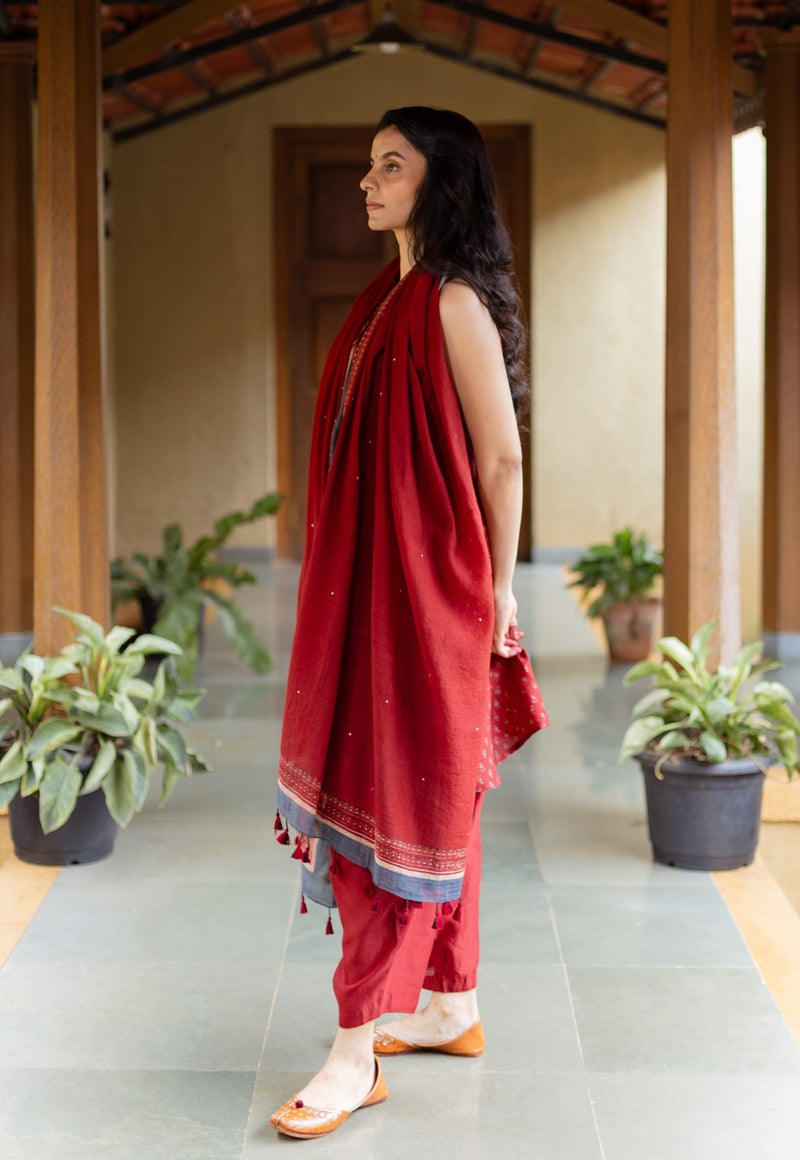 Nida Madder Ajrakh Chanderi Silk A Line Kurta with Hand Embroidery