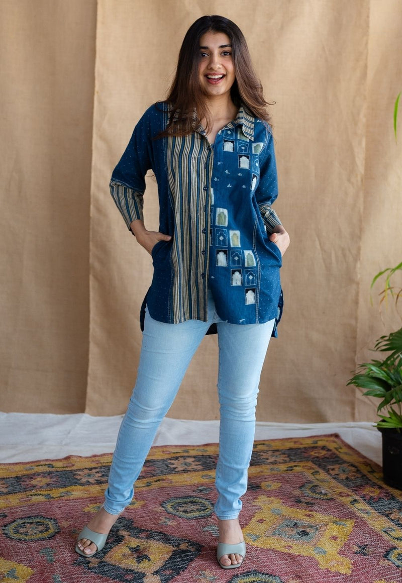 Jaipur Jharoka Indigo Ajrakh Cotton Loose Shirt with Hand Embroidery