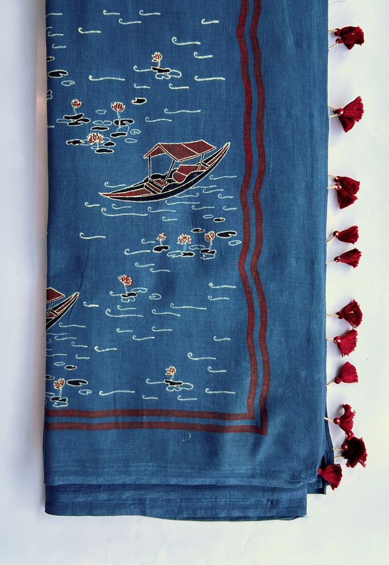 Indigo Ajrakh Handblock Printed MulMul Saree