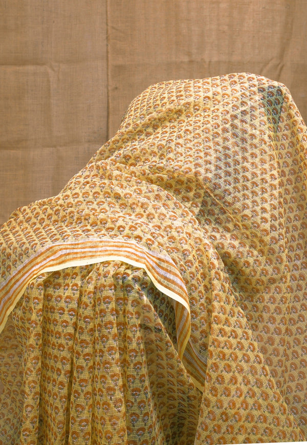 Yellow Butti Sanganeri Hand Block Print Kota Doria Saree