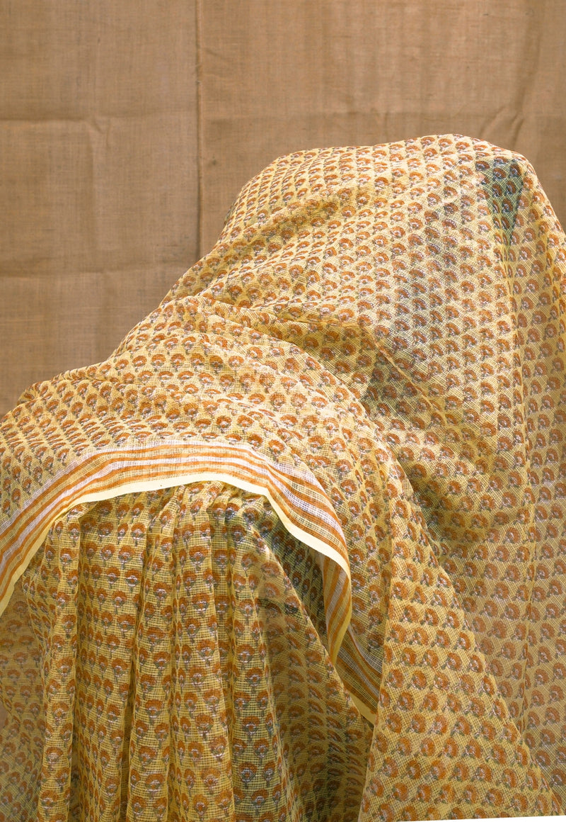 Yellow Butti Sanganeri Hand Block Print Kota Doria Saree