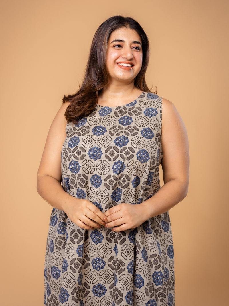 Inam Grey Ajrakh Cotton A Line Dress