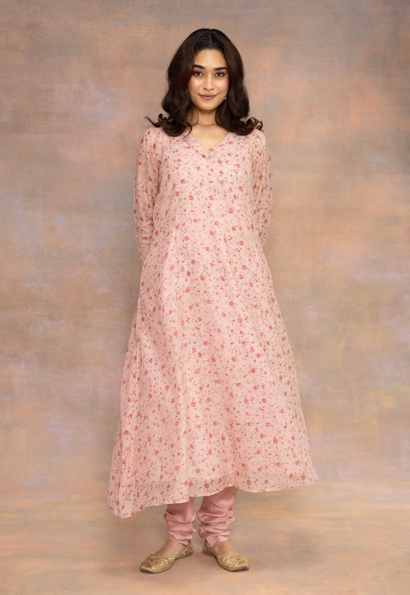 Rose Pink Sanganeri Chanderi Silk Kali Kurta with Hand Embroidery