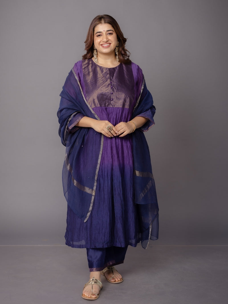 Navy Blue Solid Zari Silk Net Dupatta with Hand Embroidery