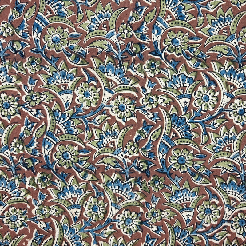 Indigo-Green Floral Jaal Kalamkari HandBlock Printed Cotton Fabric