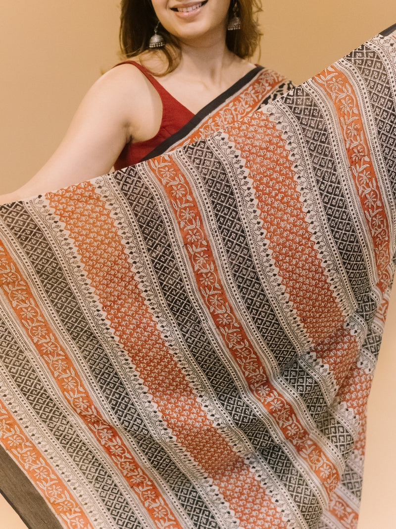 Black Jaal Bagru Hand Block Print Modal Saree