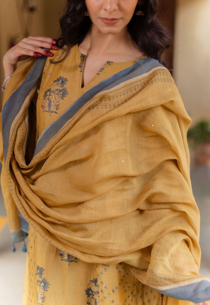 Mustard Ajrakh Chanderi Silk Dupatta with Embroidery