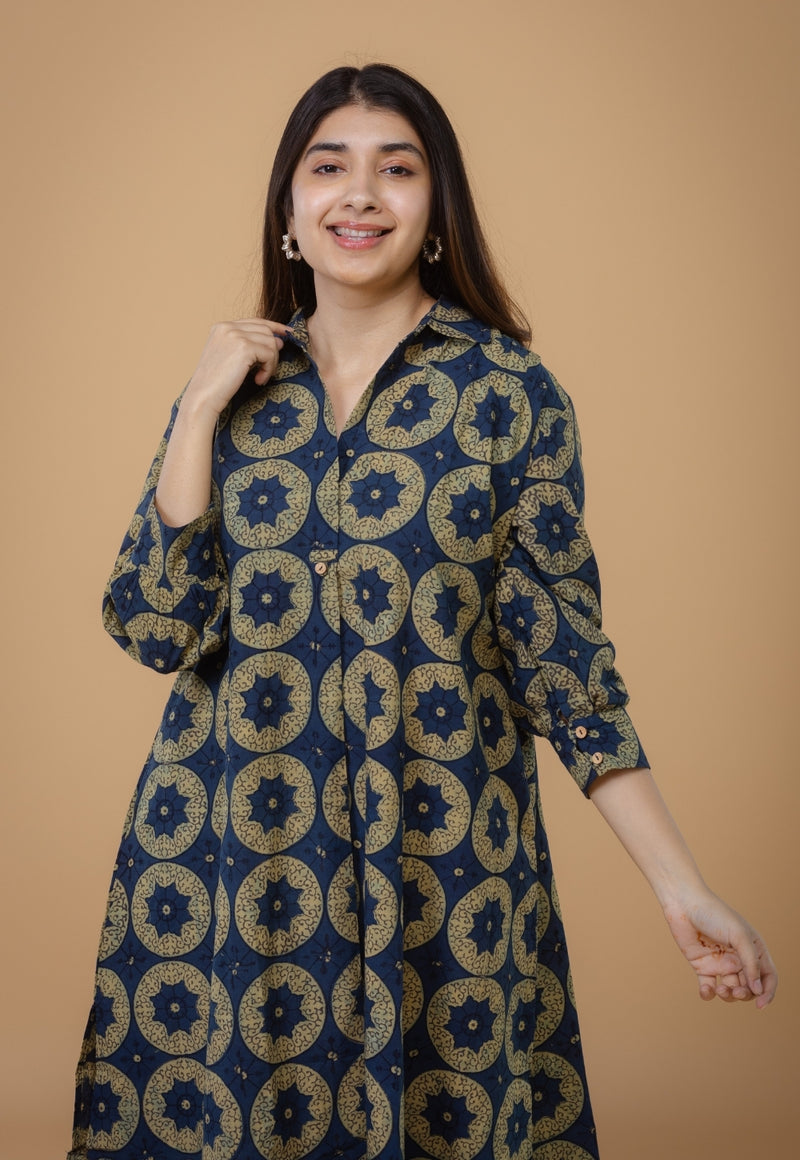 Ridah Blue Ajrakh Cotton A Line Dress