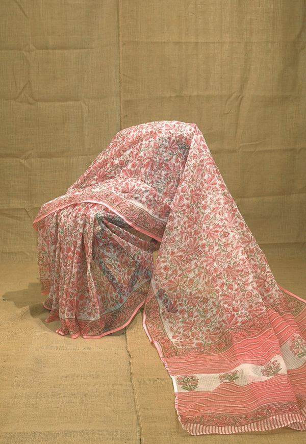 Pink Floral Sanganeri Hand Block Print Kota Doria Saree