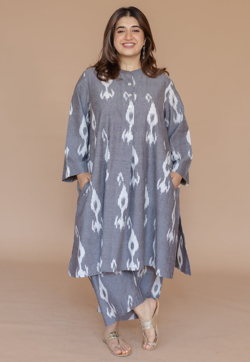Ayaat Grey Handloom Ikkat Cotton Straight Kurta