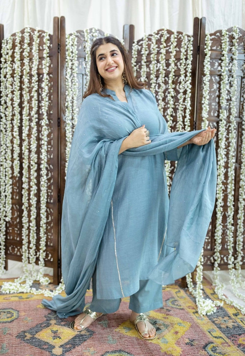 Tarani Light Blue Jhabba Kali Chanderi Silk Gota Patti Kurta Set (Set of 3)