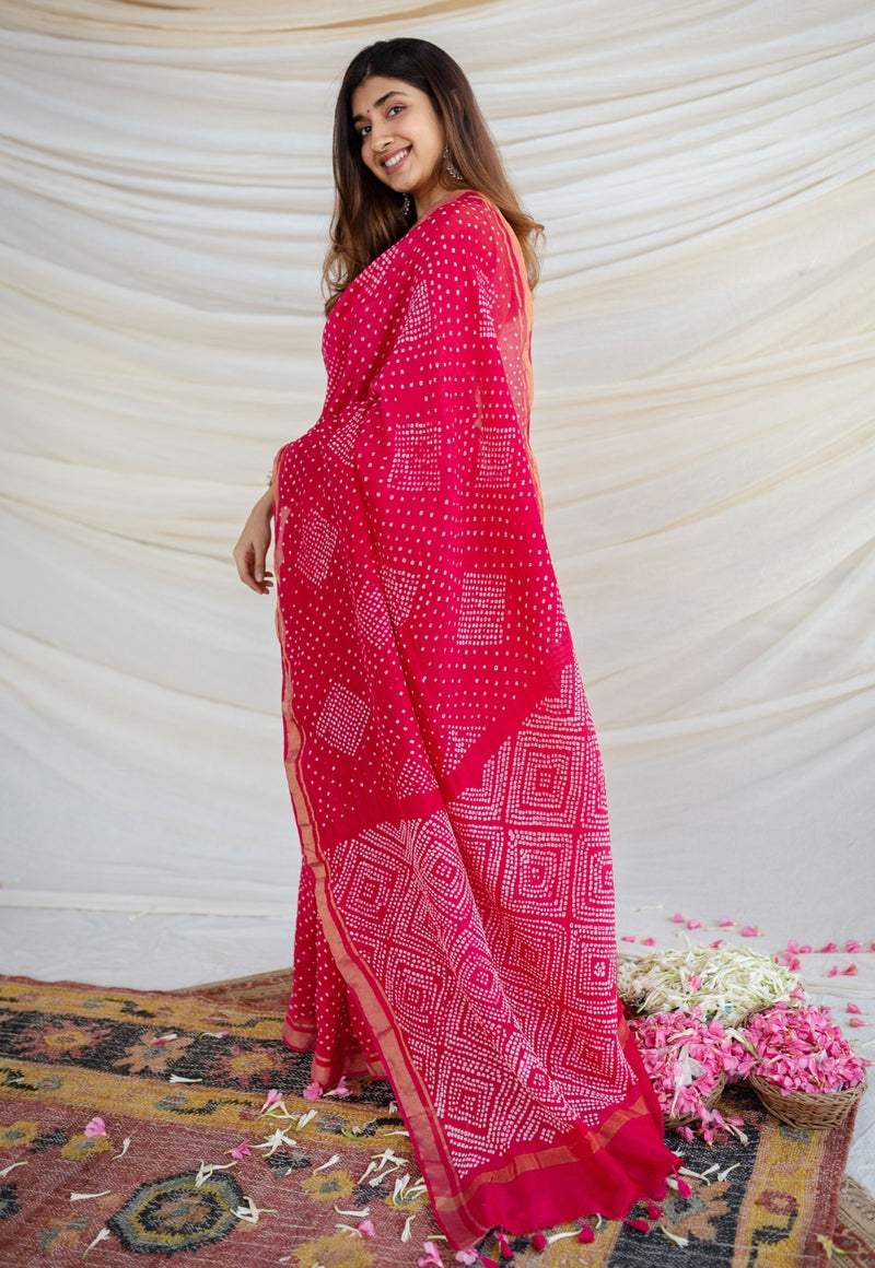 Rani Pink Bandhani Cotton Silk Saree