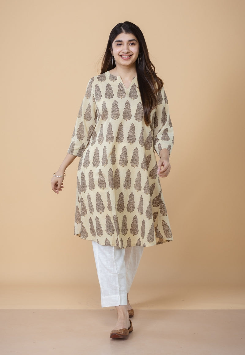 Daksha Beige Ajrakh Cotton A Line Kurta