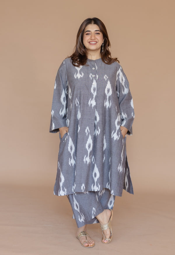 Yashi Grey Handloom Ikkat Cotton Straight Pant