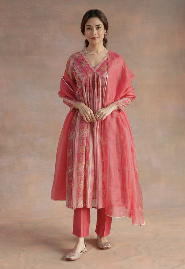 Rooz Pink Sanganeri Chanderi Silk A Line Kurta with Lace Detailing