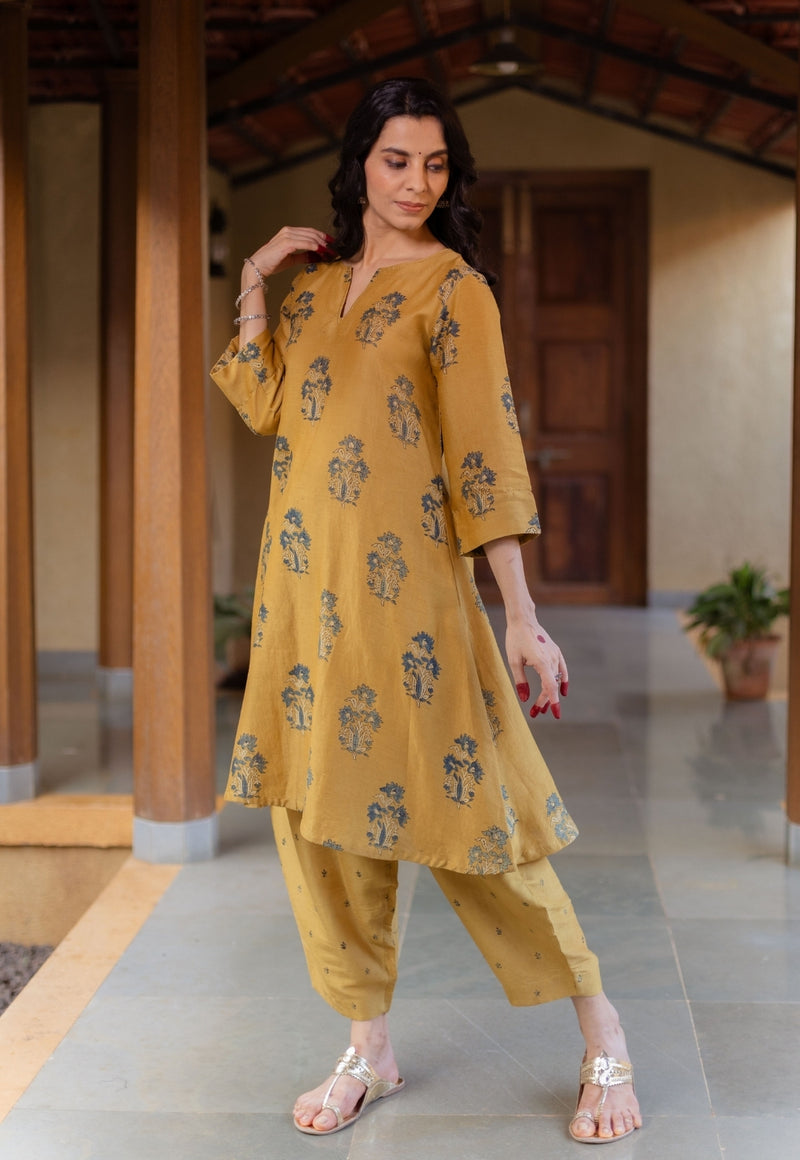 Daksha Mustard Ajrakh Chanderi Silk A Line Kurta with Hand Embroidery